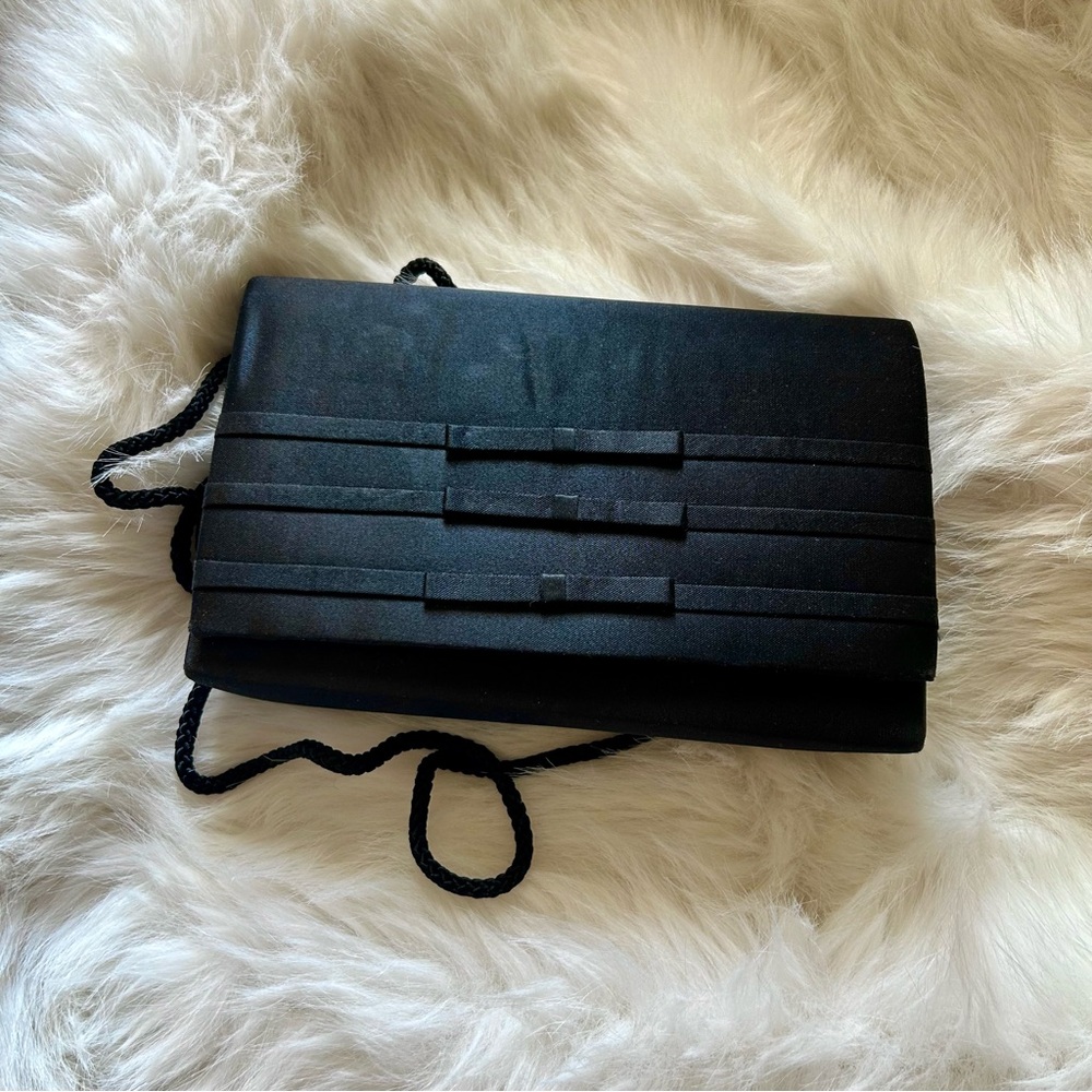 Vintage MCM La Regale Black Satin Evening Bag. Flat Bows Snap Close Clutch Strap